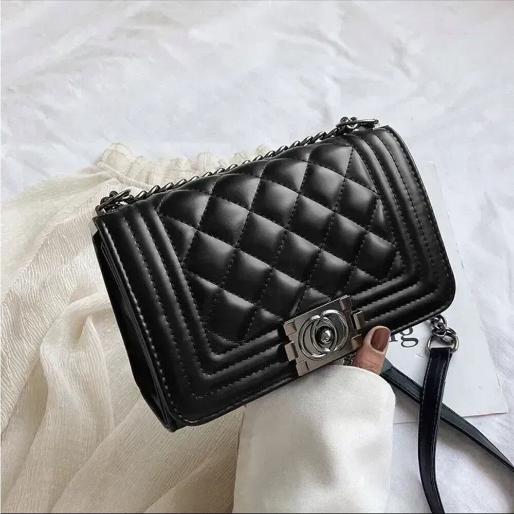 Designer Inspired Black Quilted Chain Crossbody Bag